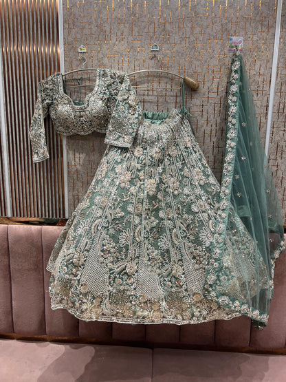 Astonishing Light Rama green Crop Top Lehenga
