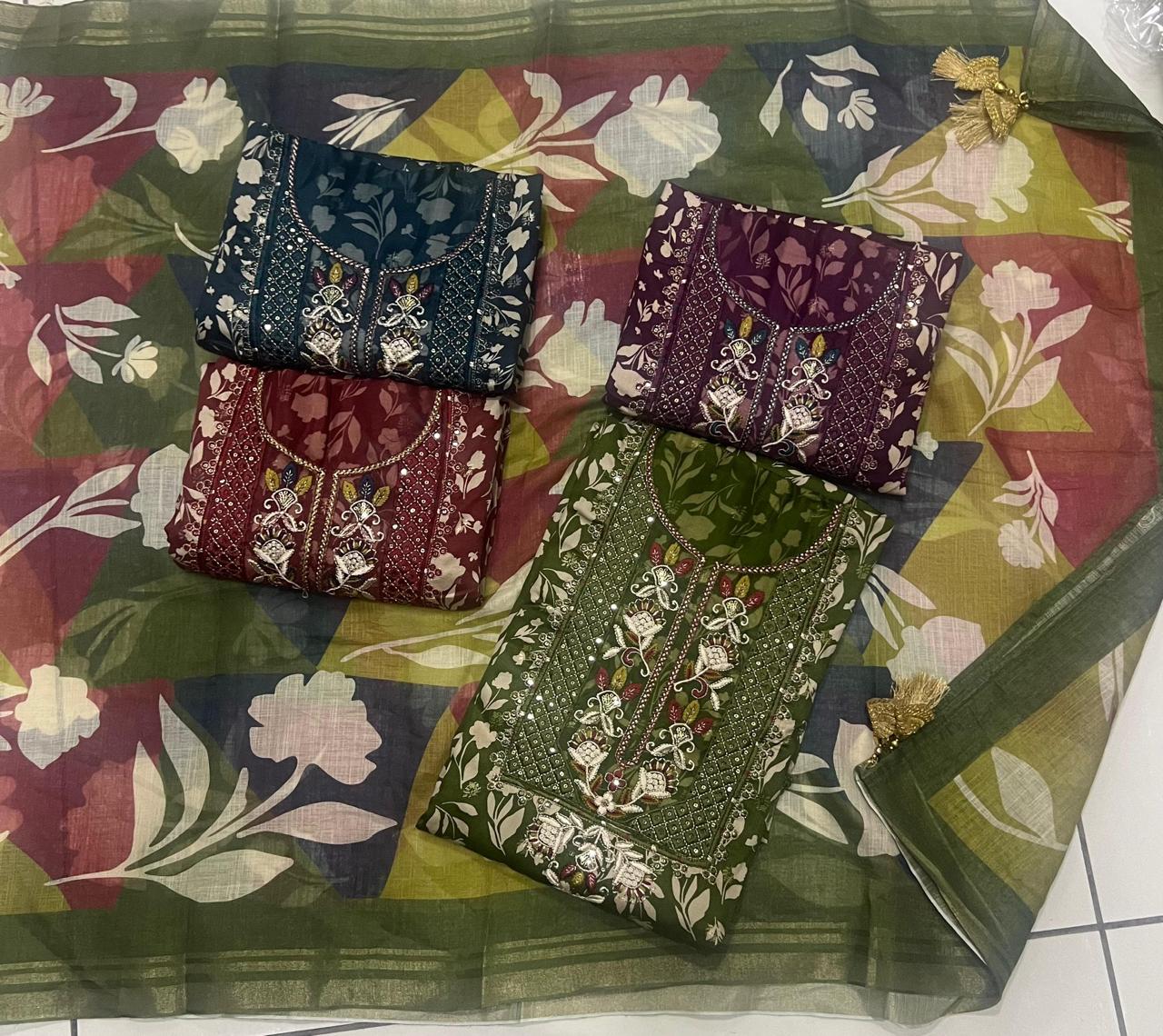 Pretty green maroon wine navy blue unstitched salwar suit dress material (free size)