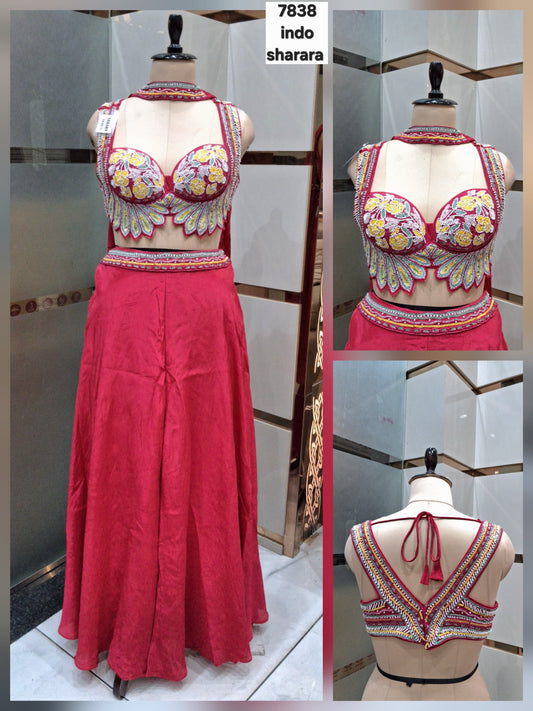 Hot Pink Rust Orange Black Sky Blue Yellow Crop top Lehenga