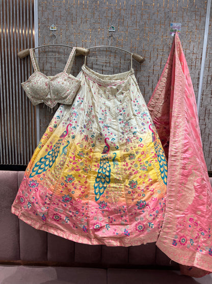 Eye Catching Yellow peacock  Crop Top Lehenga