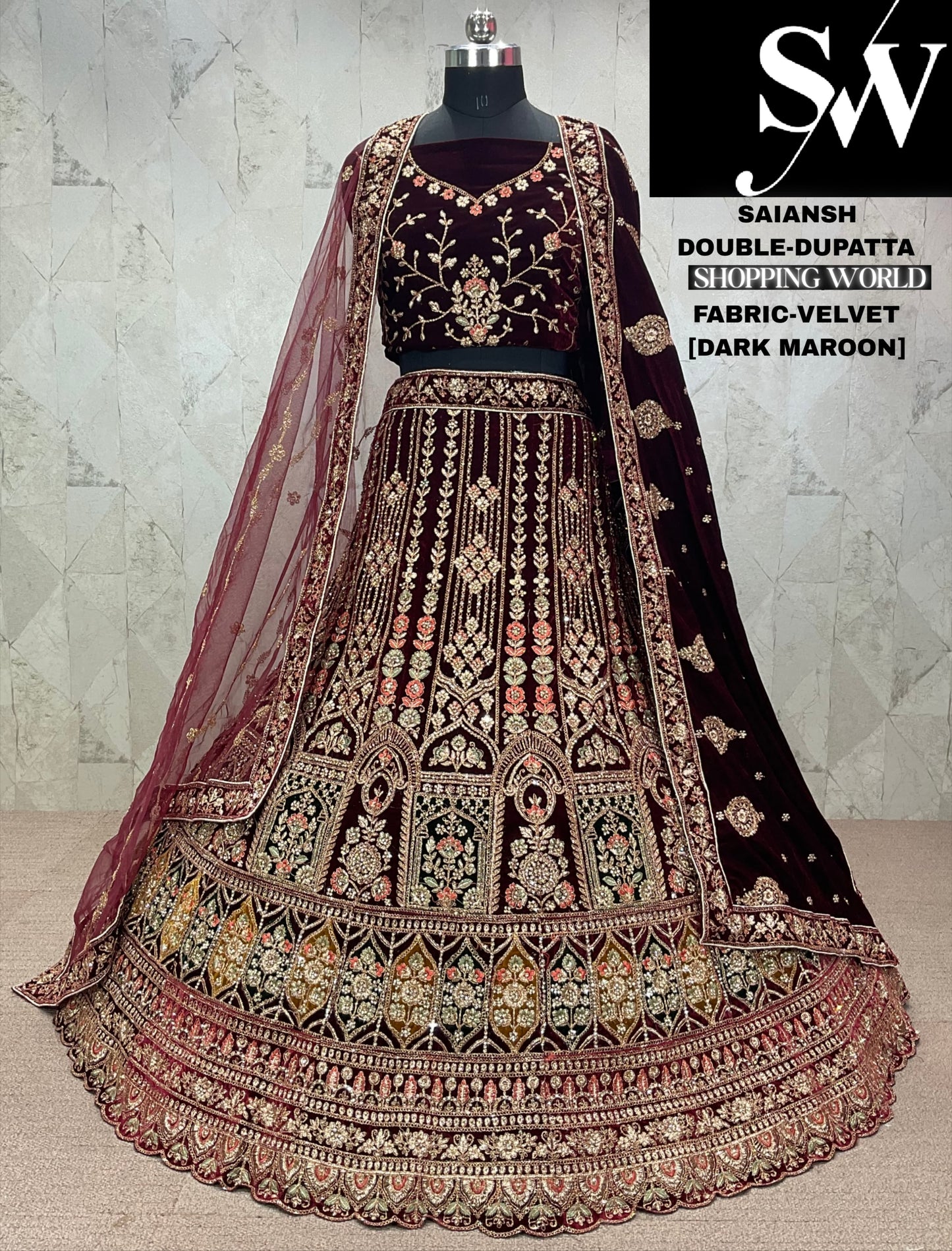 Majestic dark maroon Velvet bridal Lehenga
