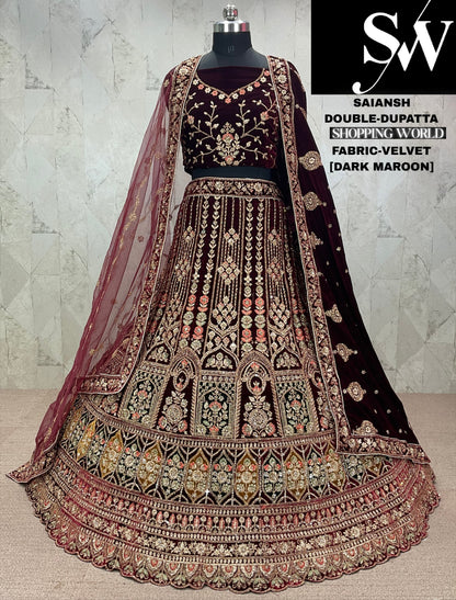 Majestic dark maroon Velvet bridal Lehenga
