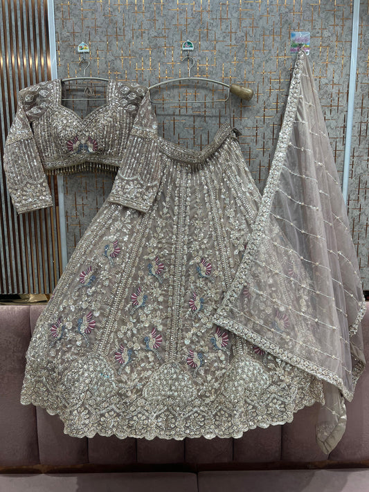 White Peacock Crop Top Lehenga