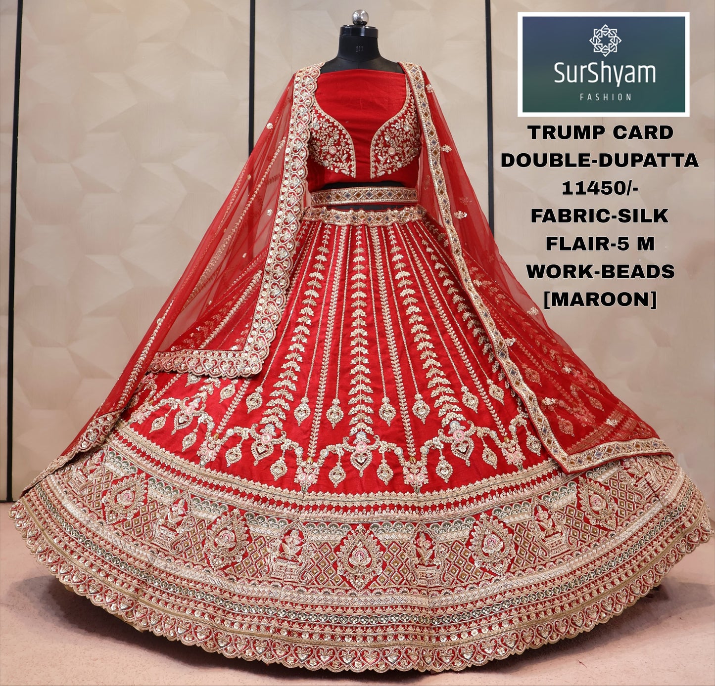 Maroon silk double dupatta bridal Lehenga