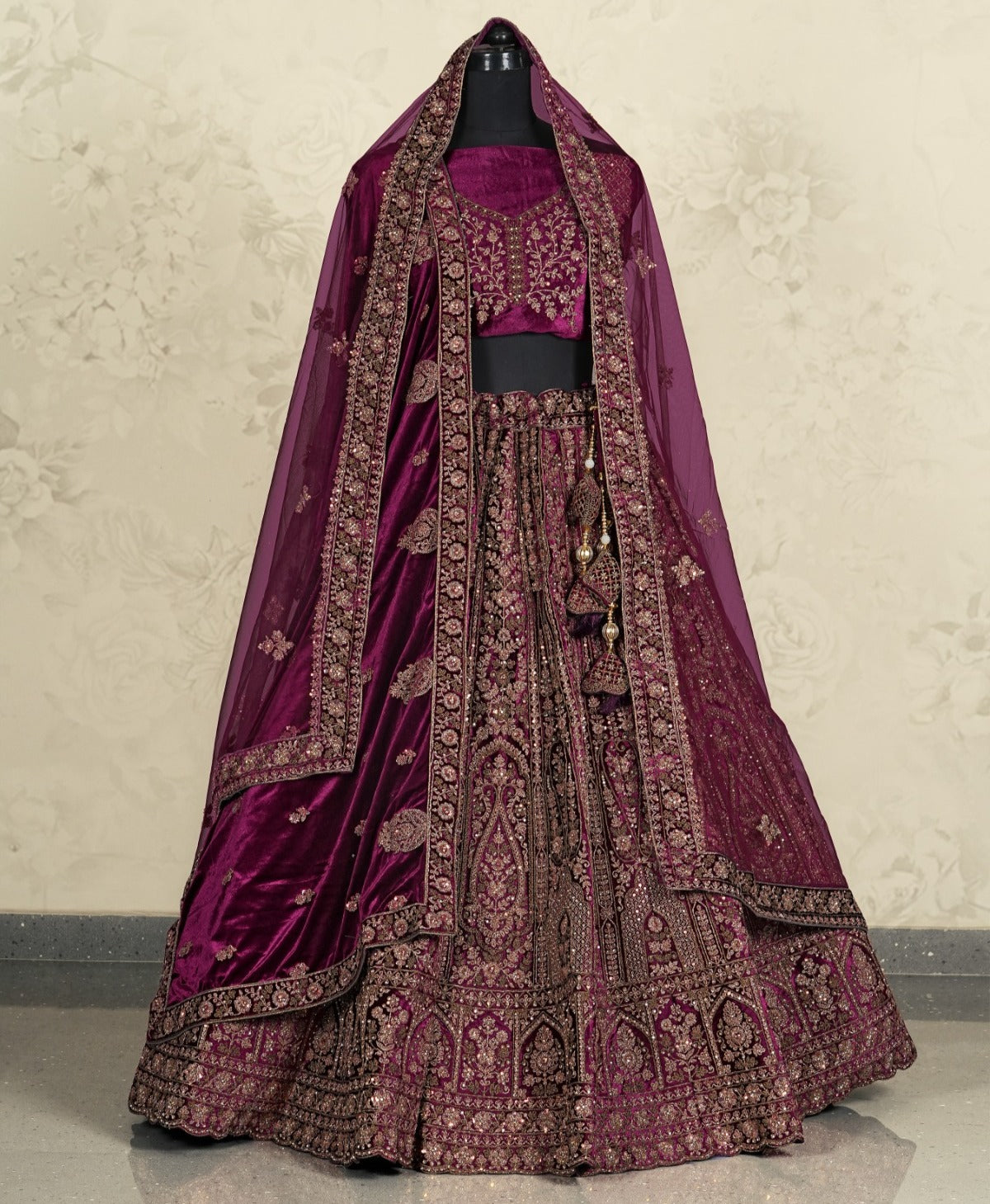 Majestic wine maroon double dupatta bridal lehenga