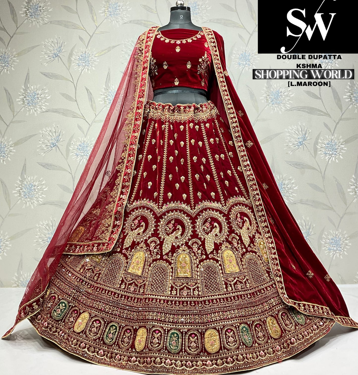 Attractive raspberry peacock Velvet bridal Lehenga