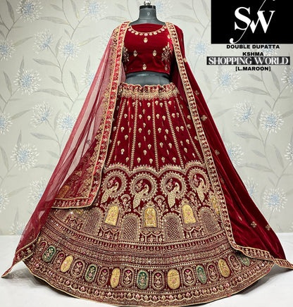 Attractive raspberry peacock Velvet bridal Lehenga