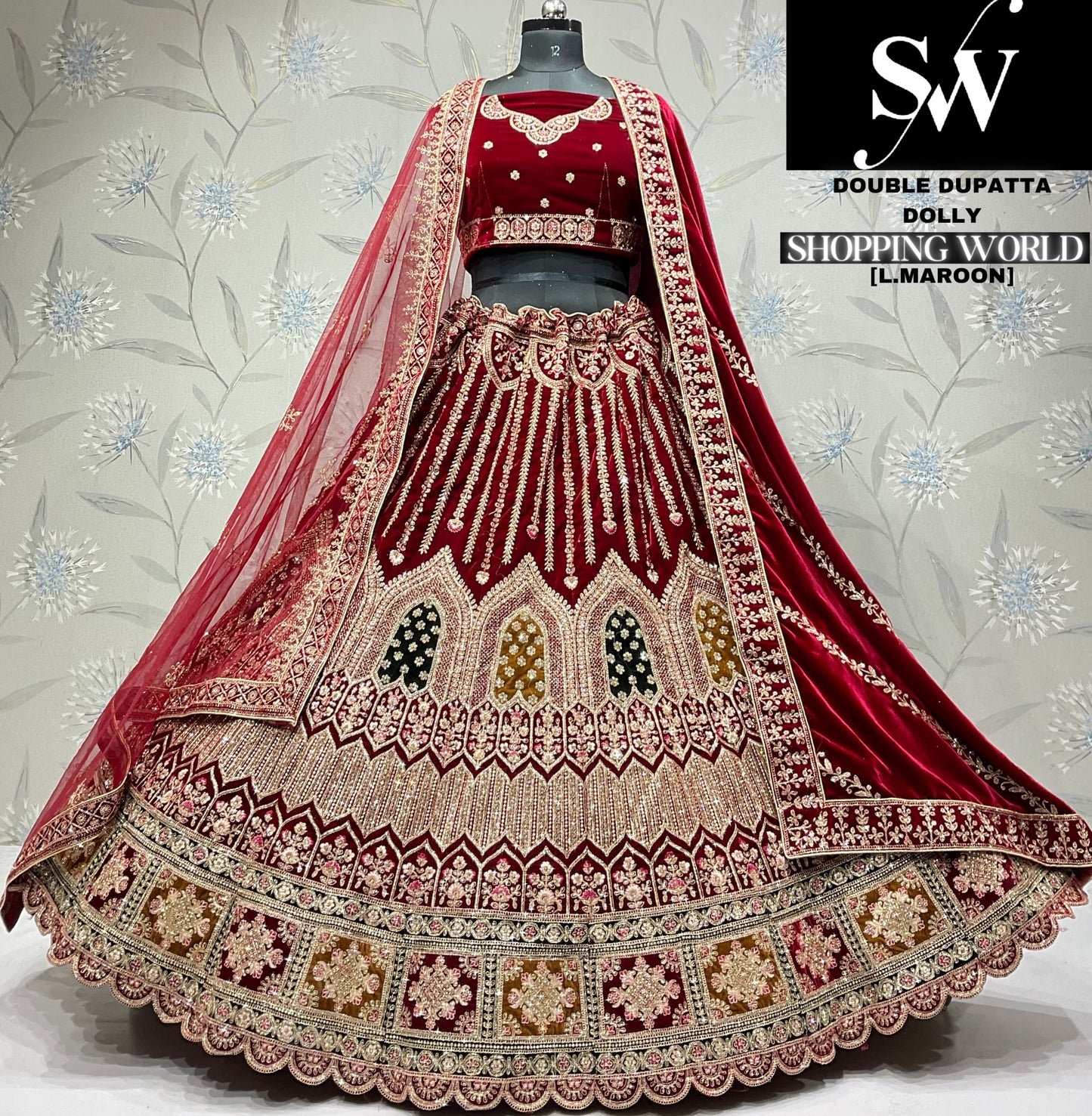 Charming dark maroon Velvet bridal Lehenga