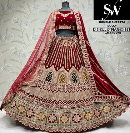 Charming dark maroon Velvet bridal Lehenga