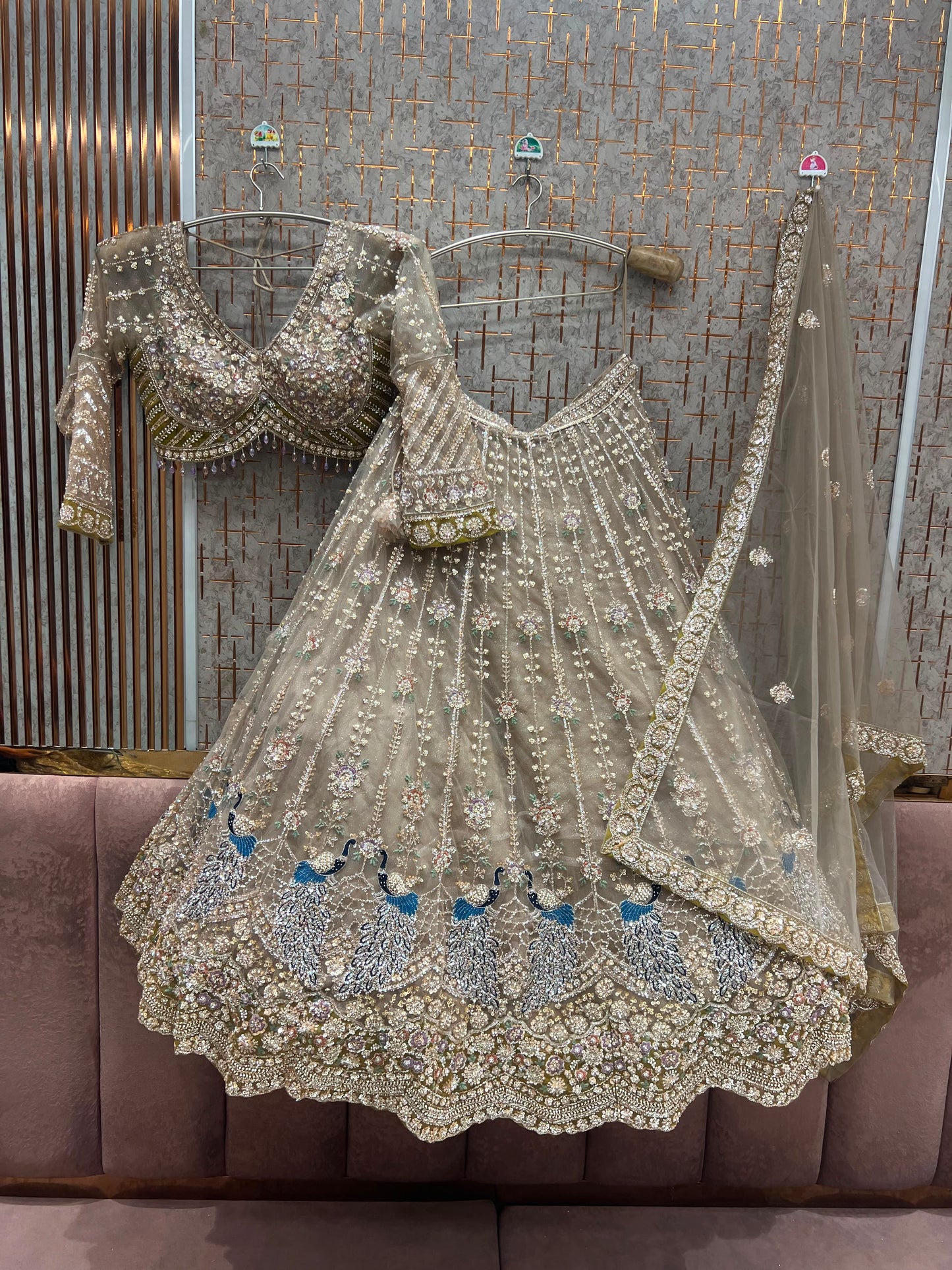 Beige Golden Peacock Crop Top Lehenga - Shopping World