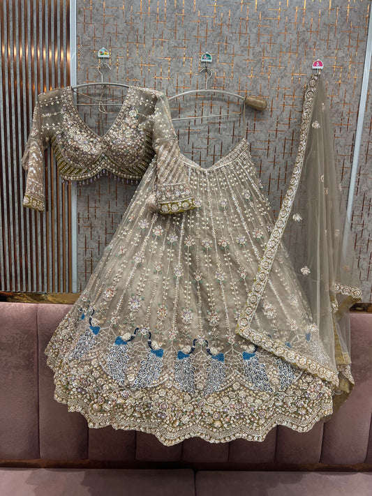 Beige Golden Peacock Crop Top Lehenga
