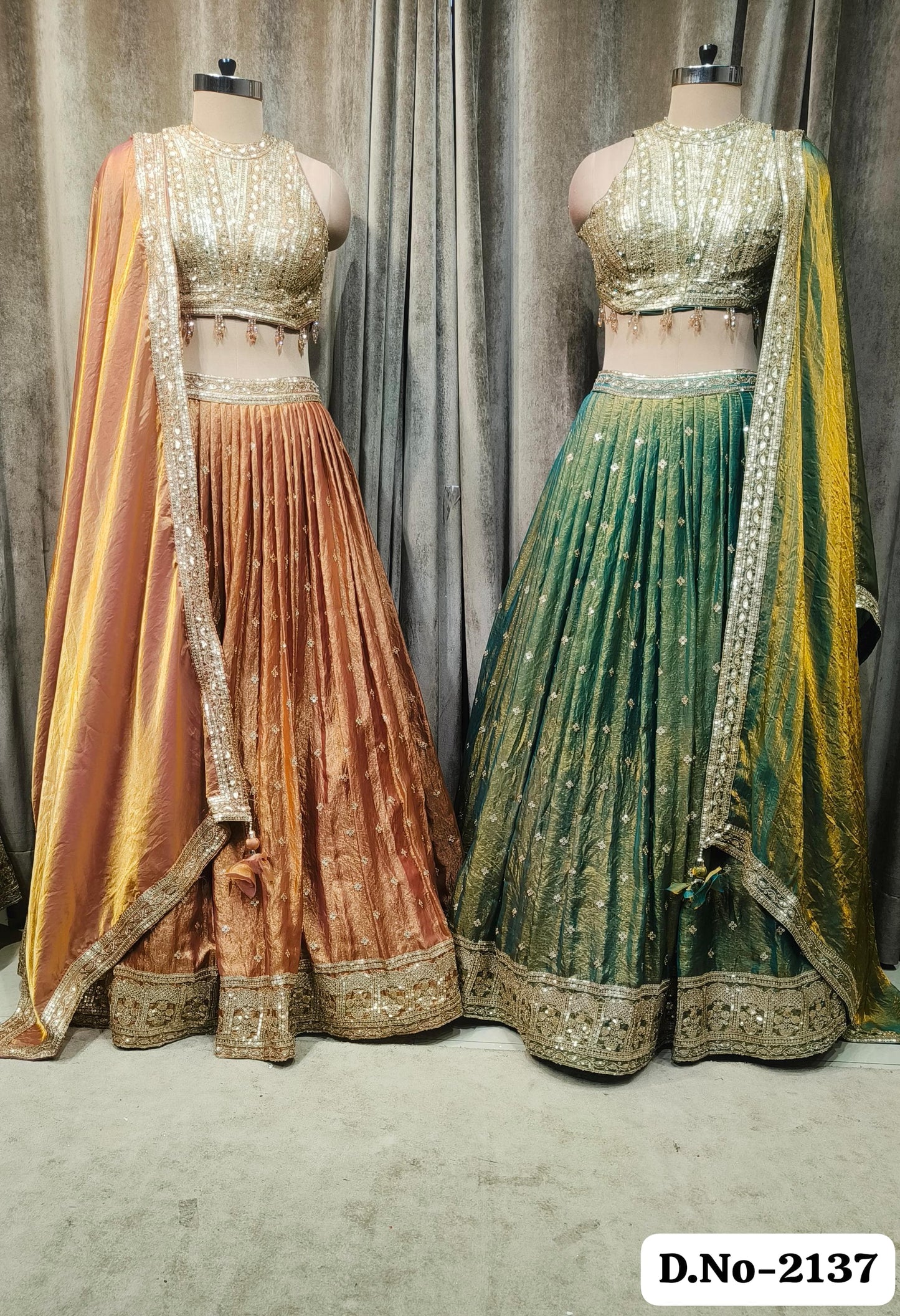 Peach Green Crop Top Lehenga