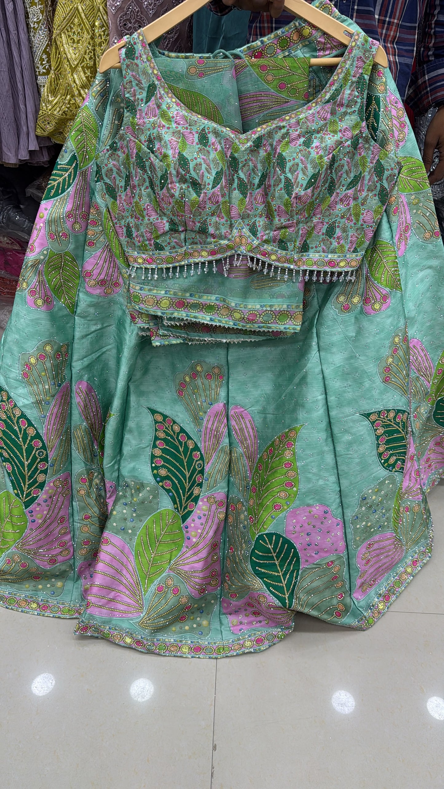 Pink Yellow Blue Double Shade Crop Top Lehenga