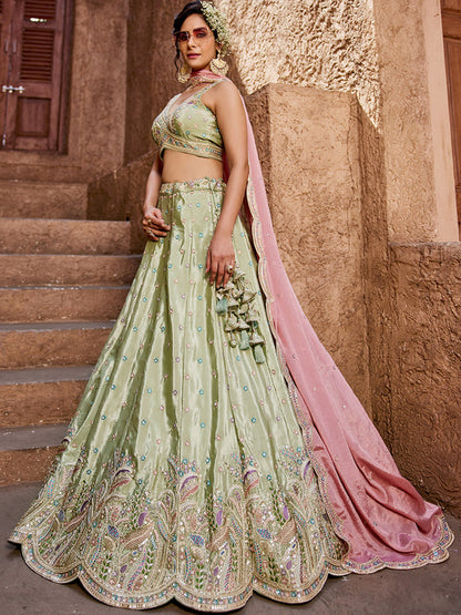 Satin Silk pink Fabric Sequins embroidery Semi-Stitched Lehenga choli & Dupatta lehenga