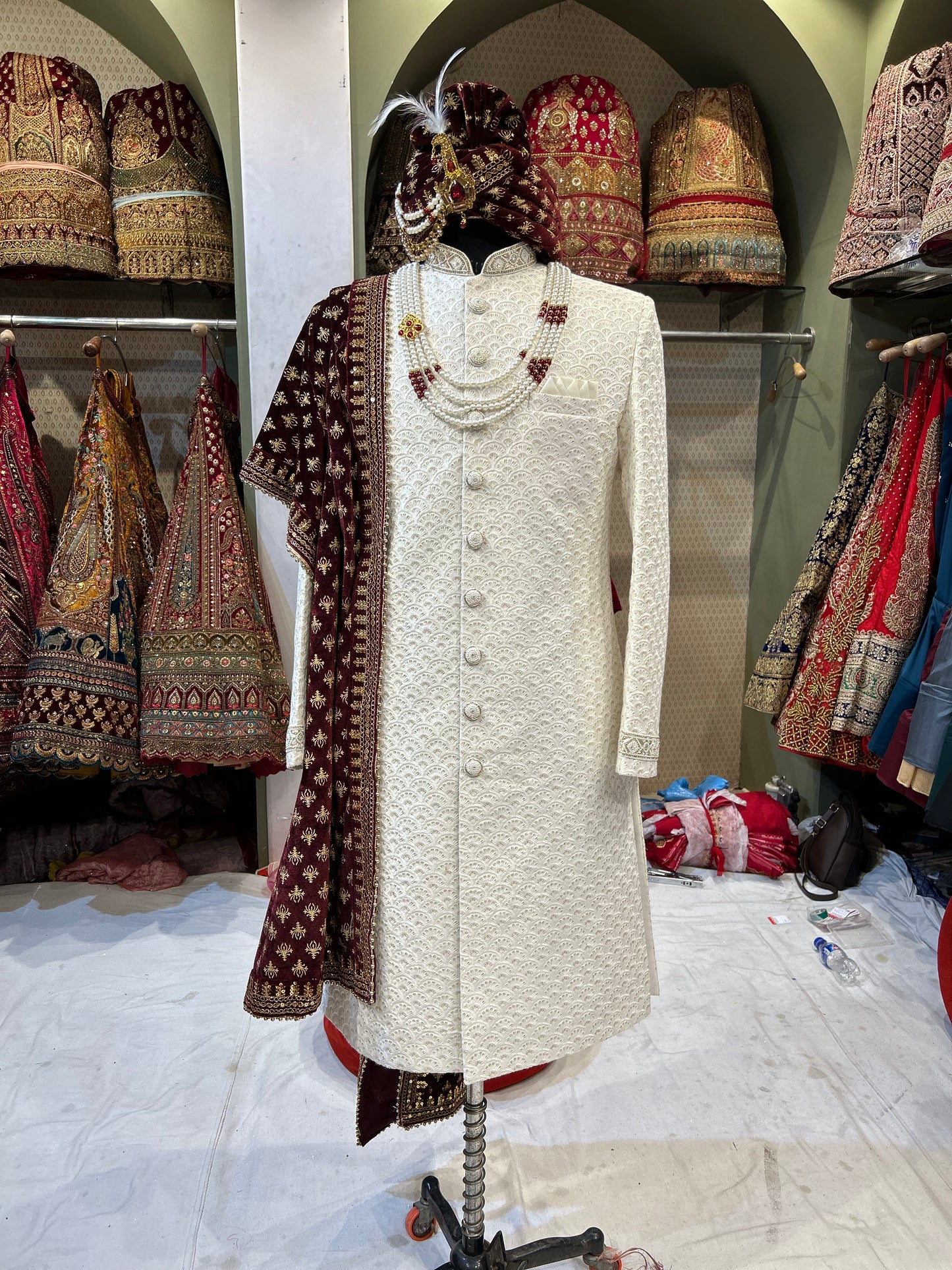 Royal Cream maroon Colour Sherwani
