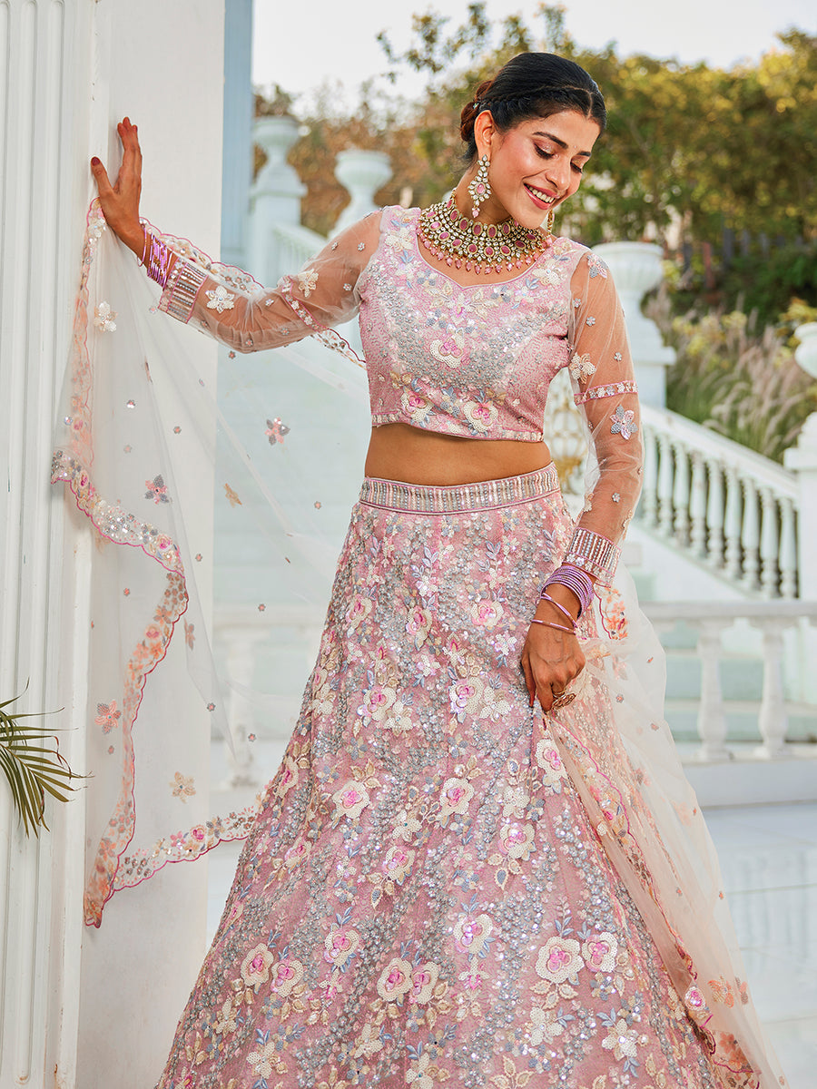 الترتر الوردي متعدد الألوان يعمل ثقيل الأزهار المطرزة باستخدام Zarkan & Mirror Lehenga