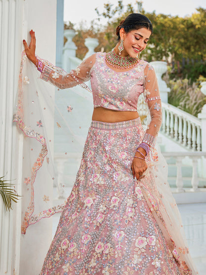 الترتر الوردي متعدد الألوان يعمل ثقيل الأزهار المطرزة باستخدام Zarkan & Mirror Lehenga