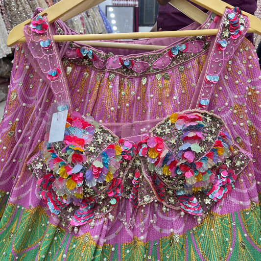 Amazing Pink Green Crop Top Lehenga