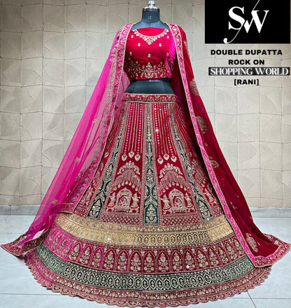 Delighful dark maroon doli barat Velvet bridal Lehenga
