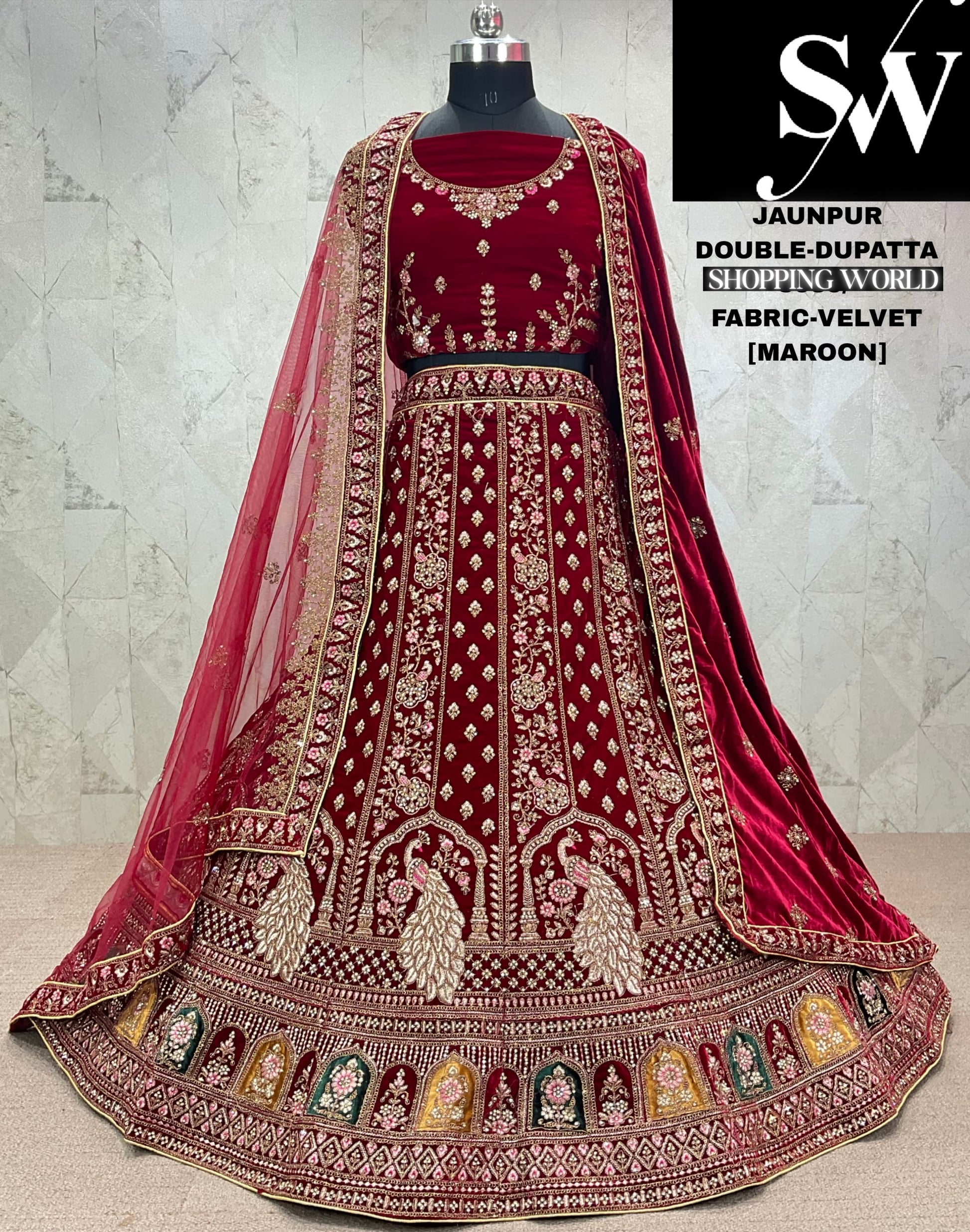 Amazing maroon peacock Velvet bridal Lehenga Amazing maroon peacock Velvet bridal Lehenga