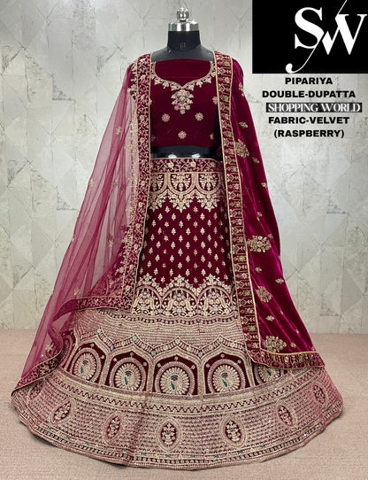 Astonishing dark maroon Velvet bridal Lehenga