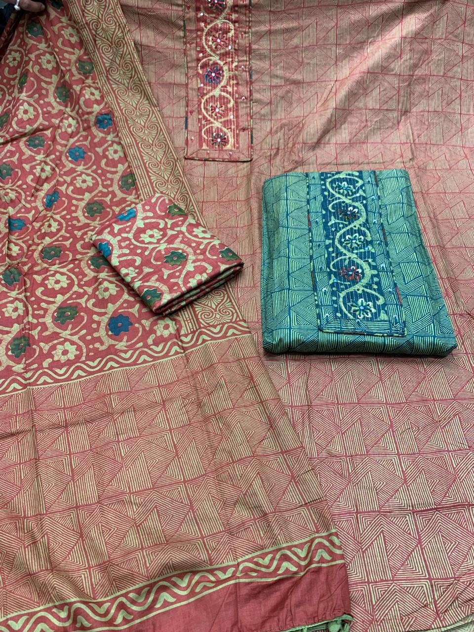 Fantastic peach Sea green unstitched salwar suit dress material (free size)