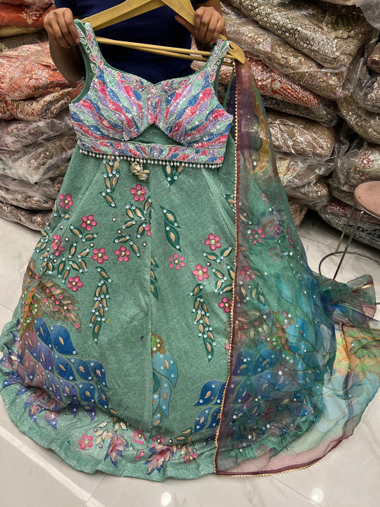 pink Green pdp Crop Top Lehenga