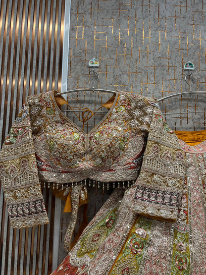 Fabulous Pink Mustard Double Duptta Crop Top Lehenga