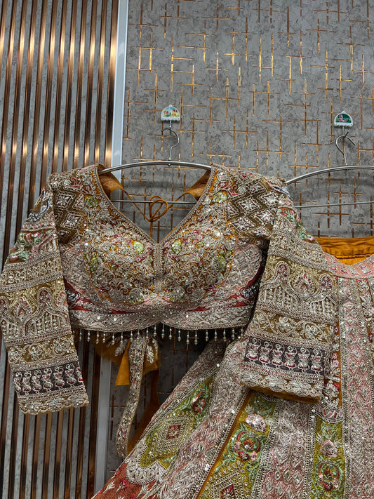 Fabulous Pink Mustard Double Duptta Crop Top Lehenga