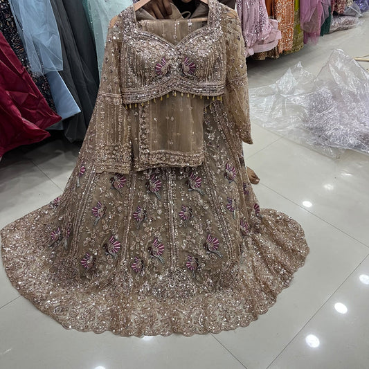 Beige Golden Peacock Crop Top Lehenga
