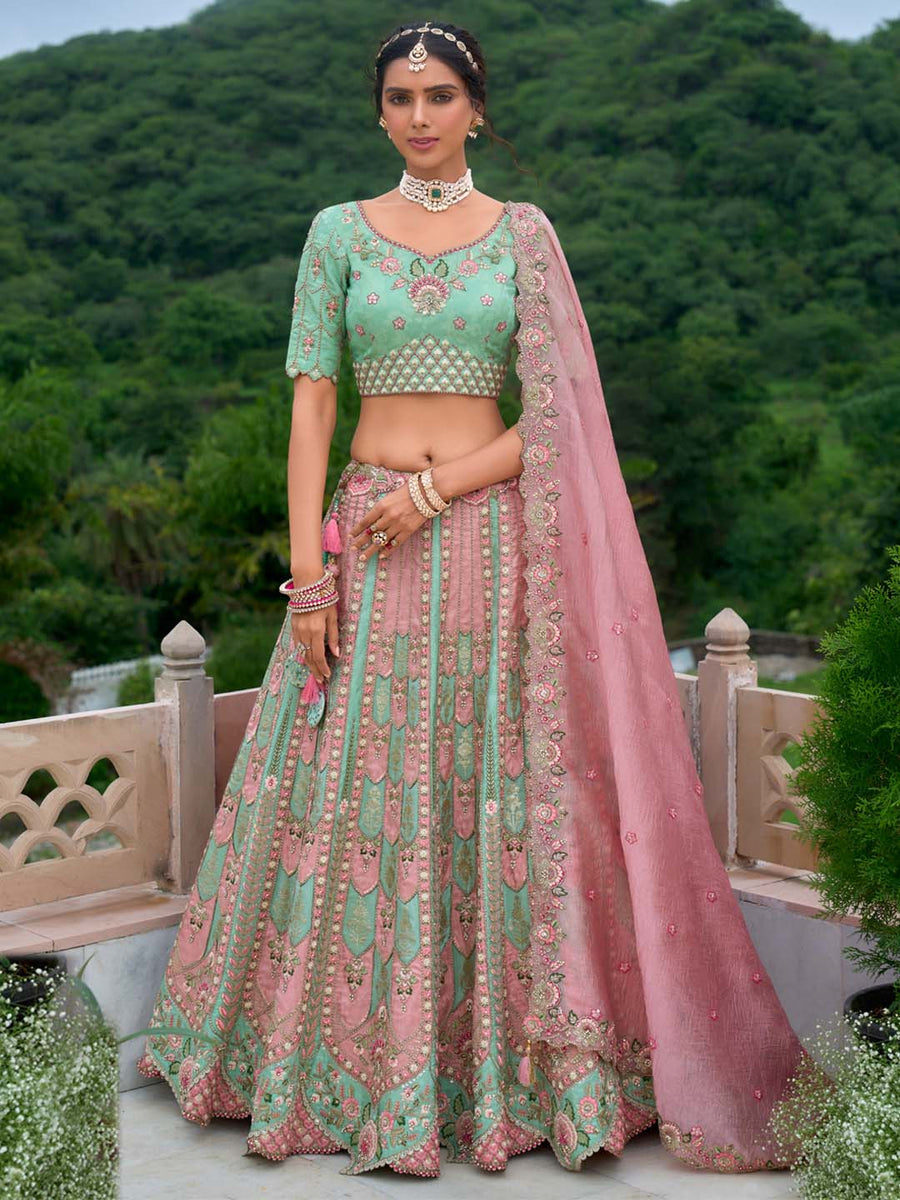Seagreen-Pink Pure Viscos Patch-Work Embroidered Semi Stitched Lehenga
