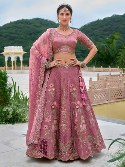 Rosegold Color Patch-Work & Cut-Work Silk Embroidered Semi Stitched lehenga
