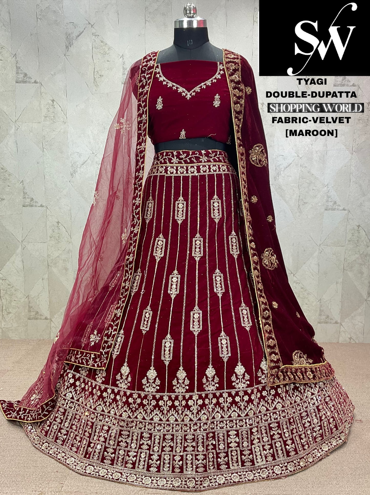 Designer dark maroon red Velvet bridal Lehenga