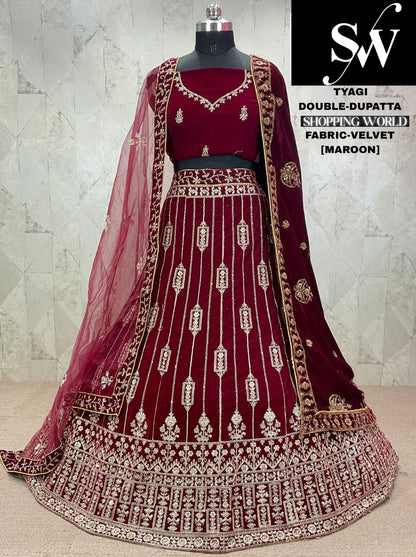 Designer dark maroon red Velvet bridal Lehenga