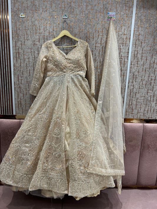 Pleasing Beige Golden Farshi garara muslim Bride Special Indo Dress