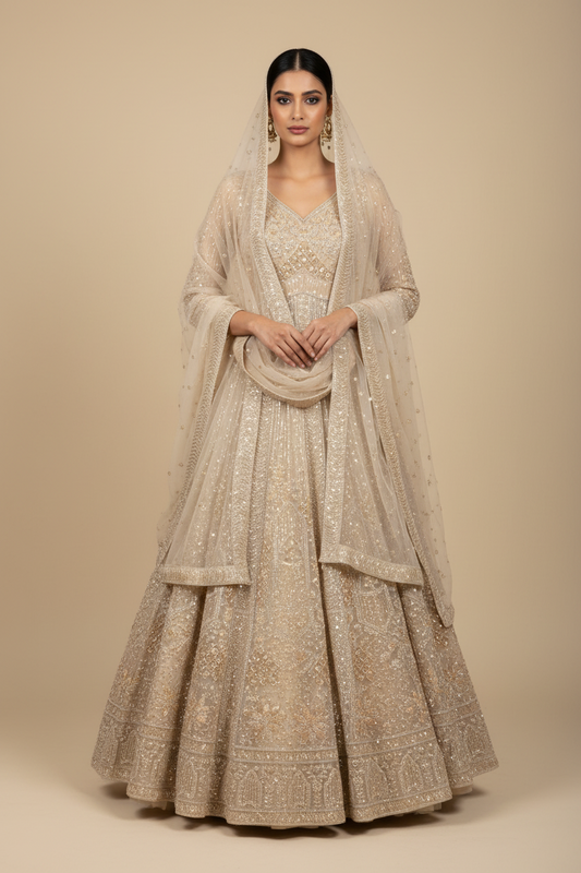 Pleasing Beige Golden Farshi garara muslim Bride Special Indo Dress