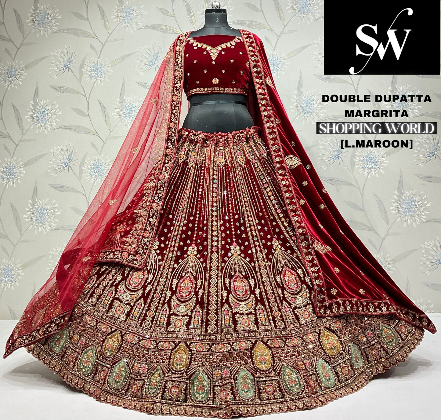 Engaging light maroon Velvet bridal Lehenga