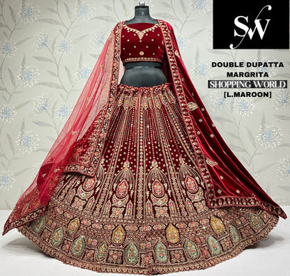 Engaging light maroon Velvet bridal Lehenga