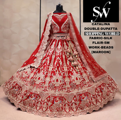 Rasbari cherry pink silk double dupatta bridal Lehenga