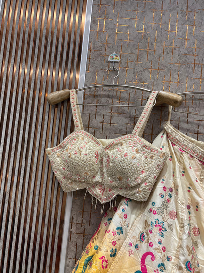 Eye Catching Yellow peacock  Crop Top Lehenga