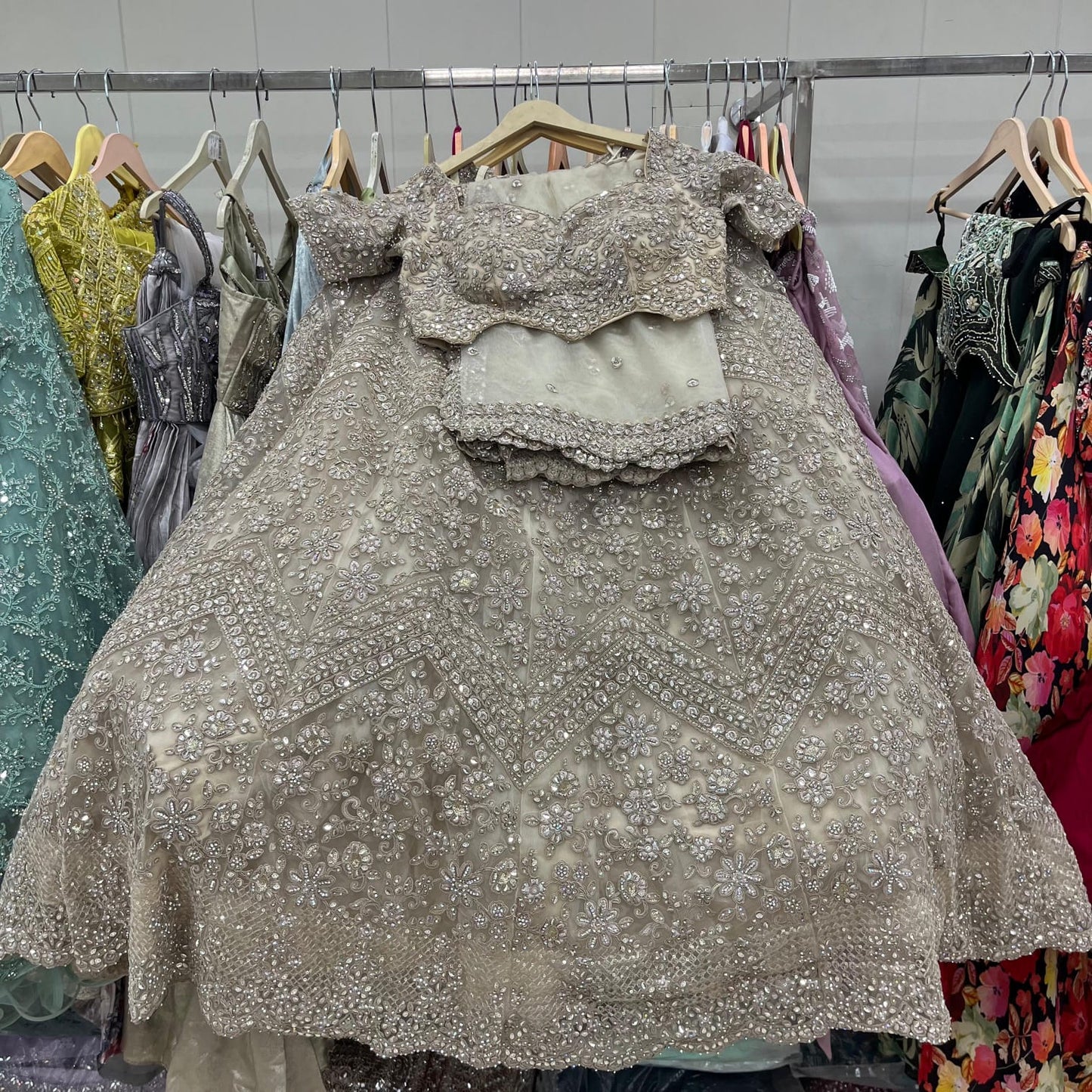 Beige Golden Crop Top Lehenga