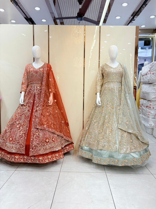 Sky Blue Rust Orange long Dress Farshi Gaharara Dress Special