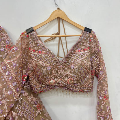 Beige Golden Crop Top Lehenga