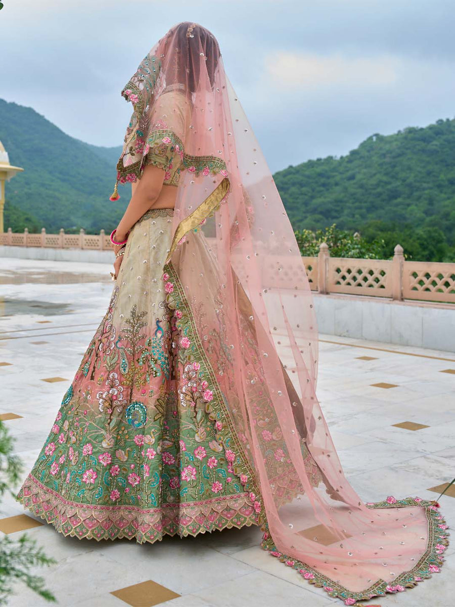 Green-Pink-Off White Heavy Embroidered Mirror Work Semi Stitched Lehenga