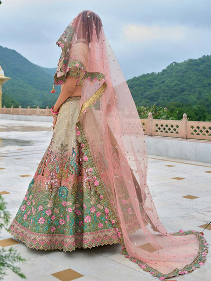 Green-Pink-Off White Heavy Embroidered Mirror Work Semi Stitched Lehenga