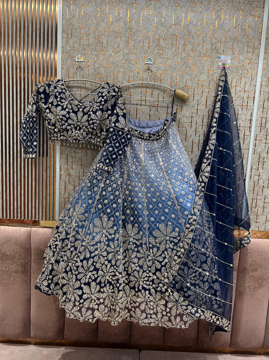 Blue Double Shade Crop Top Lehenga