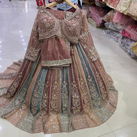 Multicolour Rust Brown 32 kali heavy flair cut glass Crop Top Lehenga