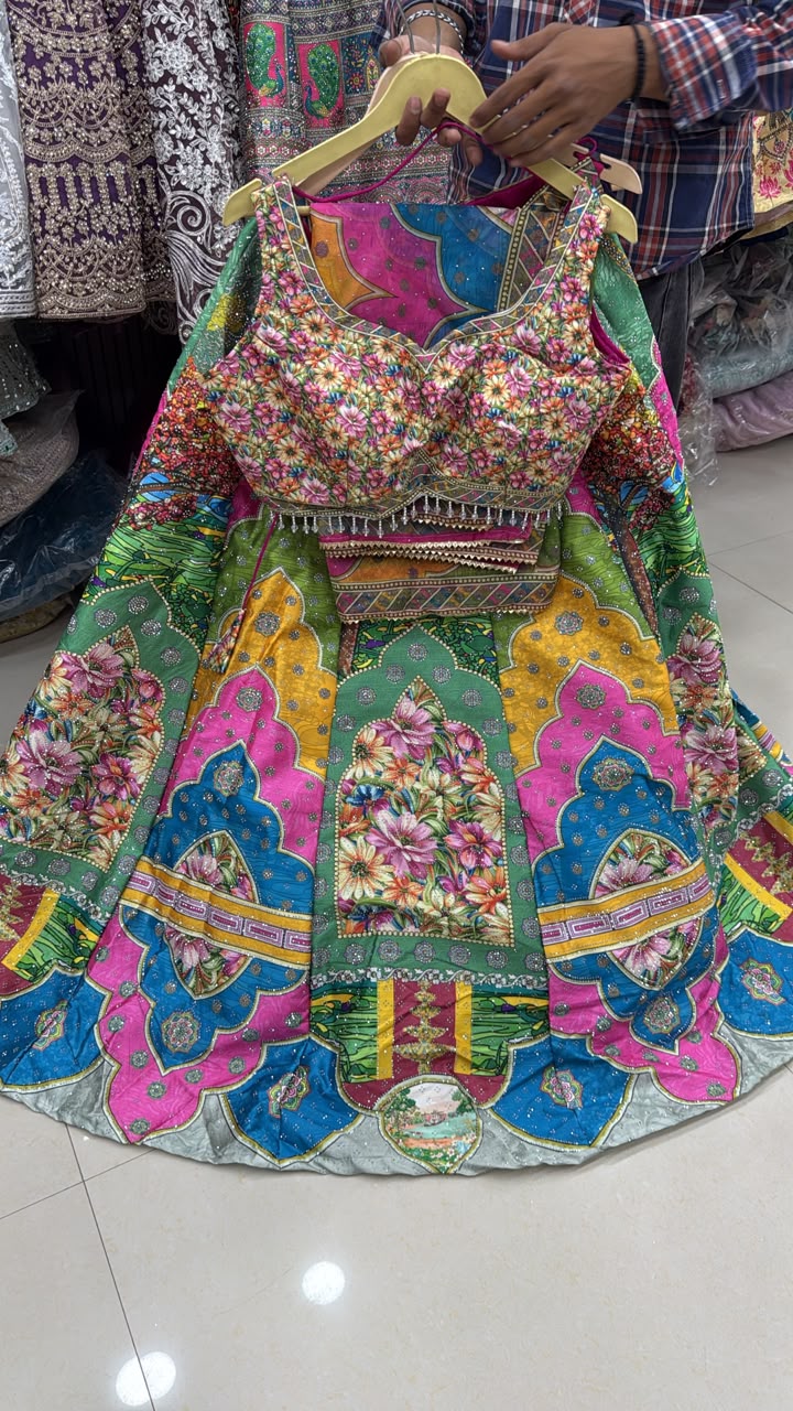 Pink Yellow Blue Double Shade Crop Top Lehenga