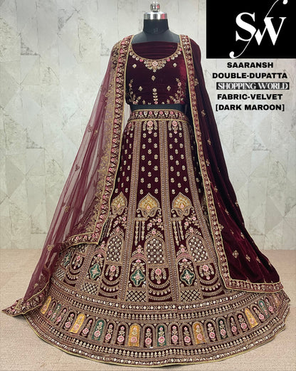 Engaging dark maroon Velvet bridal Lehenga