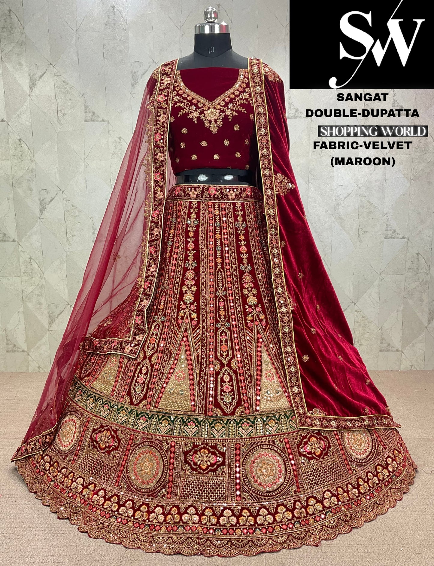 Fantastic dark maroon Velvet bridal Lehenga